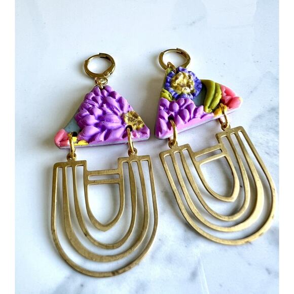 Handmade Polymer Clay Earrings Handcrafted Artwork Floral - Picture 2 of 6